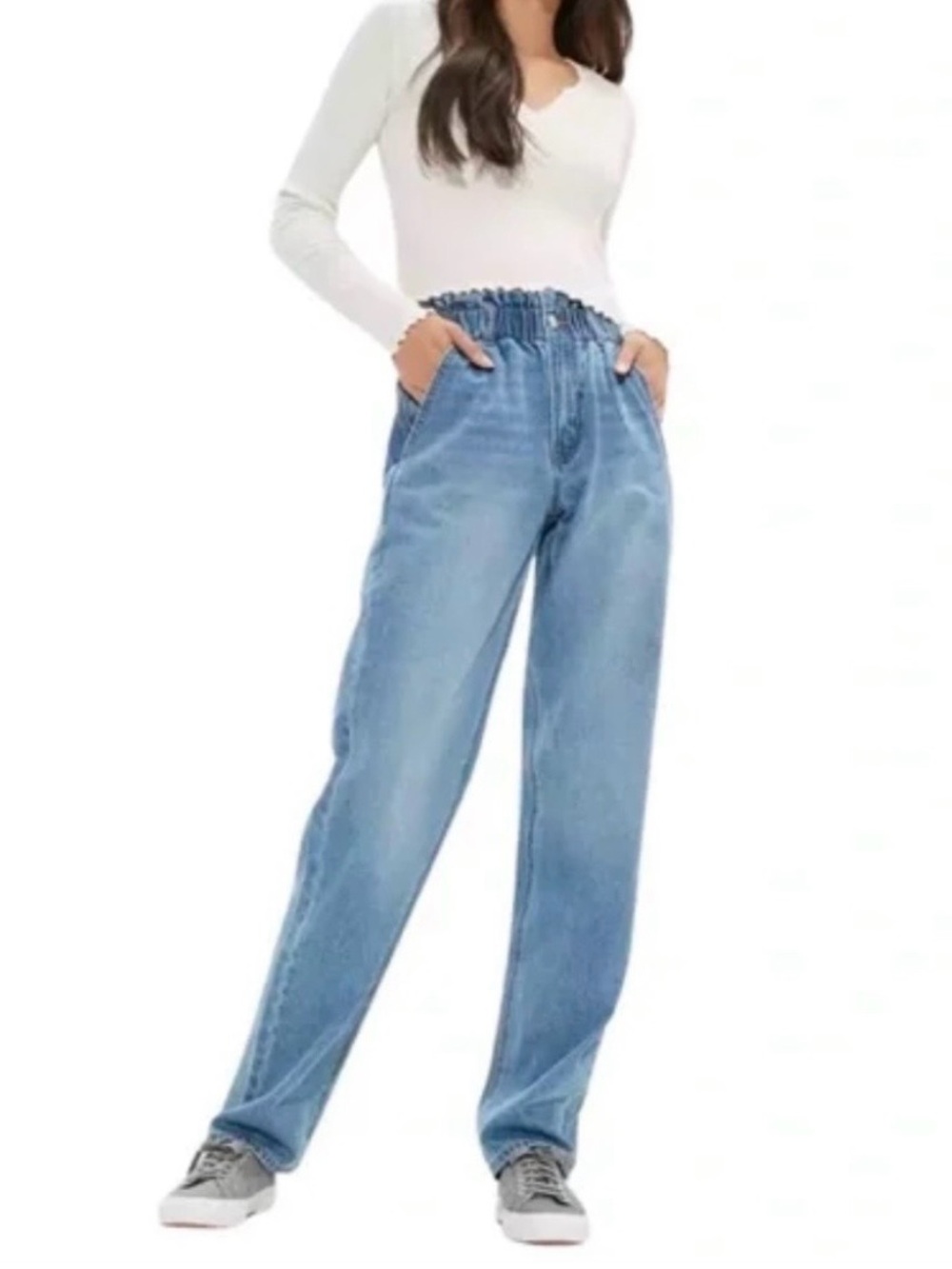 NWT American Eagle Baggy Jeans Size 8 29W Elastic Waist Blue Street